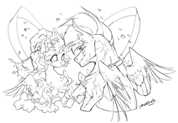 Size: 926x640 | Tagged: dead source, safe, artist:makkah, flash sentry, twilight sparkle, alicorn, pegasus, pony, g4, black and white, blush sticker, blushing, crown, female, grayscale, jewelry, lineart, looking at each other, male, marriage, monochrome, regalia, scar, ship:flashlight, shipping, simple background, straight, twilight sparkle (alicorn), wedding, wedding veil, white background