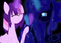 Size: 827x585 | Tagged: safe, artist:maitaniyamaghostmag, twilight sparkle, oc, oc:nyx, alicorn, pony, fanfic:past sins, g4, heart, magic, magic aura, twilight sparkle (alicorn)