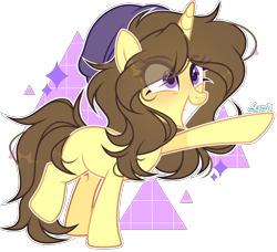 Size: 2332x2130 | Tagged: safe, artist:mint-light, oc, oc only, oc:astral flare, pony, unicorn, abstract background, adorkable, beanie, blushing, commission, cute, dork, eye clipping through hair, eyelashes, grin, hat, high res, hooves, horn, raised hoof, signature, simple background, smiling, solo, transparent background, unicorn oc, ych result