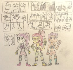 Size: 2835x2718 | Tagged: safe, artist:13mcjunkinm, apple bloom, scootaloo, sweetie belle, equestria girls, g4, alternate hairstyle, badass, bandage, bow, boxing shorts, boxing trunks, clothes, comic, compression shorts, confident, cutie mark crusaders, exeron fighters, exeron gloves, female, fingerless gloves, fist, frilly socks, gloves, high res, light skin, martial arts kids outfits, montage, orange eyes, orange skin, peace sign, ponytail, purple eyes, purple hair, red hair, shoes, short hair, shorts, smiling, smirk, sneakers, socks, spaghetti strap, sports bra, sports shorts, traditional art, yellow skin