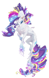 Size: 902x1425 | Tagged: dead source, safe, artist:makkah, rarity, classical unicorn, pony, unicorn, g4, body fluff, cloven hooves, colored hooves, curved horn, female, horn, leonine tail, lidded eyes, multicolored hair, rainbow power, signature, simple background, smiling, solo, transparent background, unshorn fetlocks