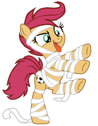 Size: 764x981 | Tagged: safe, artist:optimusv42, patch (g1), earth pony, pony, g1, my little pony tales, bipedal, clothes, costume, fan version, female, field runner, friendship troopers, mummy, mummy costume, my little pony friendship troopers, nightmare night, nightmare night costume, not scootaloo, simple background, solo, standing, standing on one leg, tongue out, transparent background