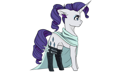 Size: 2920x1668 | Tagged: safe, artist:tillie-tmb, rarity, pony, unicorn, g4, boots, cape, clothes, ear piercing, earring, female, jewelry, knife, mare, piercing, profile, shoes, simple background, socks, solo, white background