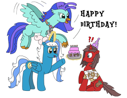Size: 3164x2431 | Tagged: safe, artist:supahdonarudo, oc, oc only, oc:fleurbelle, oc:ironyoshi, oc:sea lilly, alicorn, classical hippogriff, hippogriff, pony, unicorn, birthday, birthday cake, bow, cake, camera, food, high res, jewelry, necklace, simple background, surprised, transparent background
