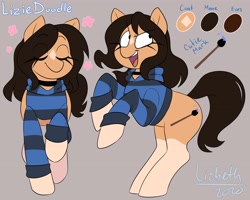 Size: 4096x3277 | Tagged: safe, artist:liziedoodle, oc, oc only, oc:lizie doodle, earth pony, pony, clothes, coat markings, facial markings, hoodie, reference sheet, smiling, socks (coat markings), solo, star (coat marking), striped hoodie, sweater