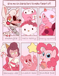 Size: 2048x2638 | Tagged: safe, artist:eggy-b-official, pinkie pie, bear, cat, earth pony, fox, gem (race), humanoid, pony, rabbit, robot, anthro, g4, ambiguous gender, animal, animatronic, anthro with ponies, baroness von bon bon, bow, bust, care bears, cherry quartz (steven universe), clothes, cupcake, cuphead, female, five nights at freddy's, five nights at freddy's 2, food, hair bow, hello kitty, hello kitty (character), high res, kitty white, love-a-lot bear, mangle, mare, my melody, pink, sanrio, six fanarts, smiling, spoilers for another series, steven universe, steven universe future