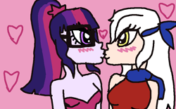Size: 810x502 | Tagged: safe, artist:cutiekittehmeow, sci-twi, twilight sparkle, human, equestria girls, g4, blushing, couple, crossover, crossover shipping, female, fire emblem, heart, kissing, lesbian, micaiah, micaiahtwi, pink background, shipping, simple background
