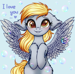 Size: 2040x2000 | Tagged: safe, artist:mite-lime, derpy hooves, pegasus, pony, g4, blushing, bronybait, bubble, cute, derpabetes, dialogue, ear fluff, female, floppy ears, heart, high res, hooves to the chest, i love you, leg fluff, looking at you, mare, simple background, smiling, solo, wings