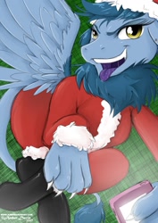 Size: 905x1280 | Tagged: safe, artist:sonicsweeti, oc, oc only, hippogriff, cellphone, christmas, clothes, commission, costume, digital art, hippogriff oc, holiday, looking at you, paws, phone, santa costume, smartphone, solo, tail, tongue out, wings