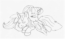 Size: 1915x1162 | Tagged: safe, artist:ejlightning007arts, oc, oc only, oc:ej, oc:hsu amity, alicorn, pony, alicorn oc, amityej, clothes, cute, duo, eyes closed, female, horn, male, monochrome, oc x oc, shipping, sleeping, smiling, snuggling, straight, traditional art, wings