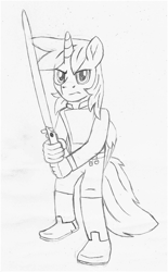 Size: 1199x1934 | Tagged: safe, artist:ejlightning007arts, oc, oc only, oc:ej, alicorn, anthro, alicorn oc, clothes, crossover, horn, jedi, lightsaber, monochrome, solo, star wars, traditional art, weapon, wings