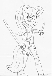 Size: 1334x1954 | Tagged: safe, artist:ejlightning007arts, oc, oc only, oc:hsu amity, alicorn, anthro, alicorn oc, clothes, crossover, duel wielding, horn, jedi, lightsaber, star wars, traditional art, weapon, wings