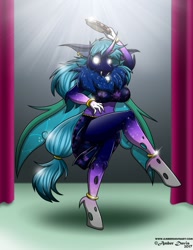 Size: 989x1280 | Tagged: safe, artist:sonicsweeti, oc, oc only, oc:midnight, changeling, anthro, unguligrade anthro, clothes, commission, dancing, digital art, dress, fangs, horn, looking at you, performance, solo, stage, tail, wings