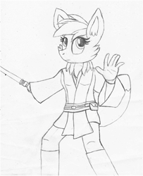 Size: 1469x1810 | Tagged: safe, artist:ejlightning007arts, oc, oc only, oc:rainbow eevee, eevee, hybrid, anthro, clothes, crossover, hybrid oc, jedi, lightsaber, looking up, pokémon, star wars, traditional art, weapon