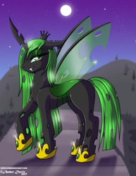 Size: 989x1280 | Tagged: safe, alternate version, artist:sonicsweeti, oc, oc only, oc:queen nymph, changeling, changeling oc, commission, digital art, fangs, green changeling, horn, looking at you, moon, night, solo, wings