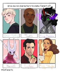 Size: 1005x1200 | Tagged: safe, artist:lea_lala63, king sombra, human, pony, unicorn, g4, bust, clothes, crossover, curved horn, draco malfoy, female, hamilton, harry potter (series), hollow knight, horn, lucifer, lucifer (2016), lucifer morningstar (lucifer), male, peggy schuyler, six fanarts, sombra eyes, stallion, stargate, teal'c