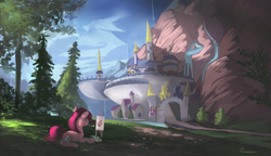 Size: 4700x2700 | Tagged: safe, artist:auroriia, pinkie pie, earth pony, pony, g4, canterlot, canterlot castle, canvas, castle, digital art, female, high res, mare, mouth hold, paint, paintbrush, painting, palette, prone, scenery, smiling, solo, tree