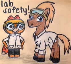 Size: 2040x1840 | Tagged: safe, artist:melisareb, doctor whooves, time turner, earth pony, fox, pony, g4, clothes, crossover, dr. fox, goggles, lab coat, lego, looking at you, male, not shipping, stallion, text, traditional art, unikitty!