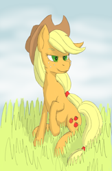 Size: 1625x2500 | Tagged: safe, artist:sufficient, applejack, earth pony, pony, g4, cloud, cloudy, female, grass, hat, mare, outdoors, raised hoof, shading, sitting, sky, smiling, solo