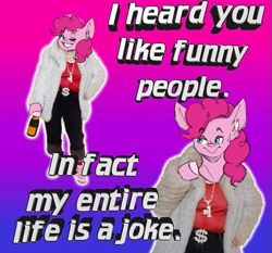 Size: 563x524 | Tagged: safe, artist:ametff3, pinkie pie, earth pony, pony, g4, female, meme, one eye closed, ponified meme, smiling, solo, text, wink