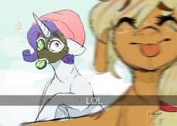 Size: 1812x1288 | Tagged: safe, artist:ametff3, applejack, rarity, earth pony, pony, unicorn, g4, caught, cucumber, cucumber pirate, eating, female, food, herbivore, lesbian, lol, mud mask, ship:rarijack, shipping, tongue out, towel