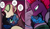 Size: 2300x1328 | Tagged: safe, artist:dsana, edit, fizzlepop berrytwist, tempest shadow, oc, oc:lullaby dusk, oc:thistledown, earth pony, pegasus, pony, unicorn, comic:a storm's lullaby, g4, bed, blanket, comforting, comic, cropped, pillow, sleeping