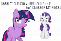 Size: 1280x878 | Tagged: safe, rarity, twilight sparkle, pony, unicorn, dragon dropped, g4, games ponies play, aivo, animated, avo, caption, confused, cute, female, grocery store, image macro, lidded eyes, open mouth, pony preservation project, smug, sound, sound only, text, unicorn twilight, webm