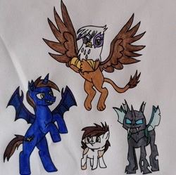 Size: 594x592 | Tagged: safe, artist:agirlwholovesmlp, gilda, pipsqueak, thorax, oc, oc:moon flight, bat pony, changeling, earth pony, griffon, pony, fanfic:the six knights of the night, g4, bat pony oc, bat wings, colt, fangs, female, flying, foal, looking at you, male, simple background, smiling, standing, traditional art, white background, wings