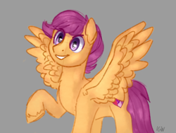 Size: 1024x768 | Tagged: safe, artist:pigeorgien, scootaloo, pegasus, pony, g4, female, filly, gray background, raised hoof, simple background, smiling, solo, spread wings, wings