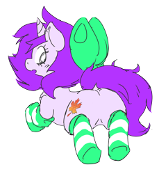 Size: 2080x2266 | Tagged: safe, artist:doodlegamertj, oc, oc only, oc:mable syrup, pony, unicorn, blind, bow, butt, clothes, featureless crotch, female, high res, mare, plot, simple background, socks, solo, striped socks, transparent background