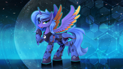 Size: 3200x1800 | Tagged: safe, alternate version, artist:nekokevin, princess luna, alicorn, pony, g4, abstract background, alternate design, armor, colored wings, concave belly, female, future, high res, lacrimal caruncle, lidded eyes, looking at you, mare, moon, open mouth, raised hoof, s1 luna, slender, soldier, solo, space, spread wings, standing, style emulation, teeth, thin, two toned wings, wings, zoom layer