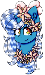Size: 734x1224 | Tagged: safe, artist:spedoodle, oc, oc:fleurbelle, alicorn, pony, alicorn oc, bow, female, flower, flower in hair, hair bow, horn, mare, simple background, smiling, smiling at you, transparent background, wings, yellow eyes