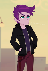 Size: 1548x2298 | Tagged: safe, artist:felux, sugilite slight, equestria girls, equestria girls series, g4, alternate clothes, background human, bad, canterlot city, clothes, jacket, male, show accurate, solo