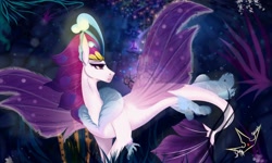 Size: 1600x960 | Tagged: safe, artist:martazap3, queen novo, seapony (g4), g4, my little pony: the movie, bioluminescent, bubble, closed mouth, clothes, coral, crown, eyelashes, female, fin wings, fins, fish tail, jewelry, logo, purple eyes, queen, regalia, seaquestria, see-through, signature, solo, swimming, tail, underwater, water, wings