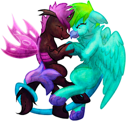 Size: 1024x981 | Tagged: safe, artist:tiothebeetle, oc, oc only, changeling, griffon, beak, carapace, claws, couple, cute, cute little fangs, facing each other, fangs, female, floppy ears, flying, green mane, happy, holding hands, holding hooves, horn, love, male, purple changeling, purple mane, purple win, shipping, spread wings, straight, tail wrap, wings
