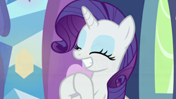 Size: 1920x1080 | Tagged: safe, screencap, rarity, pony, dragon dropped, g4, eyes closed, female, grin, hooves together, smiling, solo