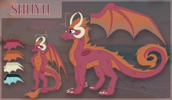 Size: 1600x926 | Tagged: safe, artist:tiothebeetle, oc, oc only, oc:shuyu, dragon, anthro, claws, commission, curly tail, female, fur, guide, hand on hip, horns, membranous wings, orange mane, quadrupedal, reference sheet, scales, smiling, spread wings, wings