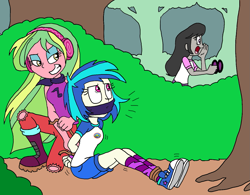 Size: 1381x1075 | Tagged: safe, artist:bugssonicx, dj pon-3, lemon zest, octavia melody, vinyl scratch, human, equestria girls, g4, my little pony equestria girls: legend of everfree, arm behind back, bondage, boots, bound and gagged, camp everfree outfits, cloth gag, clothes, denim shorts, female, forest, gag, glasses, grin, headphones, kidnapped, shirt, shoes, short hair, smiling, sneakers, socks, sunglasses, t-shirt, tied up