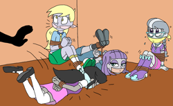 Size: 2233x1368 | Tagged: safe, artist:bugssonicx, derpy hooves, maud pie, octavia melody, silver spoon, human, equestria girls, g4, arm behind back, bondage, bound and gagged, bound wrists, cleave gag, cloth gag, clothes, female, gag, grey skin, help us, hogtied, similarities, tape, tape gag, tied up