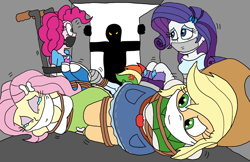 Size: 1546x1002 | Tagged: safe, artist:bugssonicx, applejack, fluttershy, pinkie pie, rainbow dash, rarity, human, equestria girls, g4, applesub, bondage, bound and gagged, cloth gag, cross-popping veins, crying, dashsub, eyes closed, female, femsub, fluttersub, gag, hat, help us, kidnapped, mittens, over the nose gag, panel gag, pinkiesub, rainbond dash, rarisub, silhouette, submissive, tape, tape bondage, tape gag, tape mittens, teary eyes, tied up