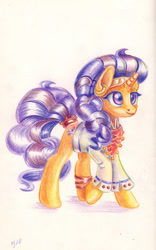 Size: 684x1096 | Tagged: safe, artist:maytee, saffron masala, pony, unicorn, g4, bracelet, clothes, colored pencil drawing, female, jewelry, mare, simple background, solo, traditional art