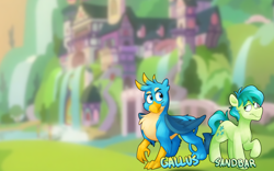 Size: 2560x1600 | Tagged: safe, artist:luximus17, edit, editor:padgriffin, gallus, sandbar, earth pony, griffon, pony, g4, chest fluff, cute, duo, duo male, gallabetes, lidded eyes, male, no nose, paws, sandabetes, teenager, wallpaper