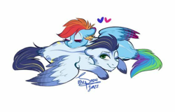 Size: 696x445 | Tagged: safe, artist:snowballflo, rainbow dash, soarin', pegasus, pony, g4, colored wings, cute, eyes closed, female, floppy ears, heart, lying on top of someone, male, mare, one eye closed, pony pillow, prone, ship:soarindash, shipping, simple background, stallion, straight, tail feathers, unshorn fetlocks, white background, wings