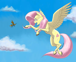Size: 1400x1138 | Tagged: safe, artist:baron engel, fluttershy, asian giant hornet, hornet, insect, pegasus, pony, g4, belly button, cloud, colored hooves, female, flying, mare, murder hornet, open mouth, signature, sky, vespa mandarinia