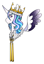 Size: 947x1358 | Tagged: safe, artist:x-dainichi-x, oc, oc only, oc:mythical, alicorn, hybrid, pony, bust, crown, interspecies offspring, jewelry, offspring, parent:discord, parent:princess celestia, parents:dislestia, portrait, regalia, simple background, solo, transparent background, two toned wings, wings