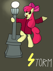 Size: 3000x4000 | Tagged: safe, artist:shooting star, apple bloom, earth pony, pony, g4, cel shading, female, light pole, raincoat, ribbon, shading, solo