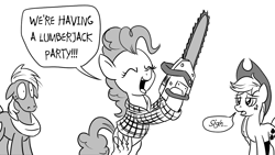 Size: 1200x675 | Tagged: safe, artist:pony-berserker, applejack, big macintosh, pinkie pie, earth pony, pony, pony-berserker's twitter sketches, g4, black and white, chainsaw, female, grayscale, halftone, lumberjack, male, mare, misleading thumbnail, monochrome, sigh, simple background, speech bubble, stallion, that pony sure does love parties, trio, white background