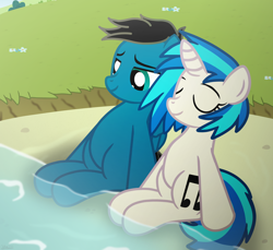 Size: 3600x3300 | Tagged: safe, artist:agkandphotomaker2000, dj pon-3, vinyl scratch, oc, oc:pony video maker, pegasus, pony, unicorn, g4, canon x oc, dipping the hooves, flower, high res, hill, lake, nature, relaxing, rock, show accurate, videoscratch, water