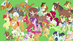 Size: 1863x1050 | Tagged: safe, artist:silverbuller, composite screencap, edit, edited screencap, screencap, apple bloom, apple rose, auntie applesauce, autumn blaze, babs seed, big macintosh, braeburn, bright mac, burnt oak, cherry jubilee, coloratura, flam, flim, goldie delicious, grand pear, granny smith, little strongheart, pear butter, rockhoof, scootaloo, sugar belle, sweetie belle, trouble shoes, winona, yona, bison, buffalo, cat, dog, earth pony, kirin, pegasus, pony, unicorn, yak, g4, the last problem, ^^, cutie mark crusaders, eyes closed, female, filly, foal, green background, male, mare, simple background, stallion, the magic of friendship grows