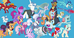 Size: 2049x1048 | Tagged: safe, artist:silverbuller, composite screencap, edit, edited screencap, screencap, berry punch, berryshine, capper dapperpaws, cheerilee, coco pommel, diamond tiara, fancypants, garble, hoity toity, mistmane, ocellus, opalescence, photo finish, plaid stripes, princess ember, saffron masala, sassy saddles, silver spoon, tender taps, twist, zippoorwhill, abyssinian, cat, changedling, changeling, dragon, earth pony, pegasus, pony, unicorn, g4, the last problem, bloodstone scepter, blue background, chest fluff, colt, dragoness, female, filly, male, mare, simple background, stallion, teenager, the magic of friendship grows